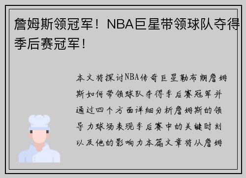 詹姆斯领冠军！NBA巨星带领球队夺得季后赛冠军！