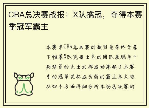 CBA总决赛战报：X队擒冠，夺得本赛季冠军霸主